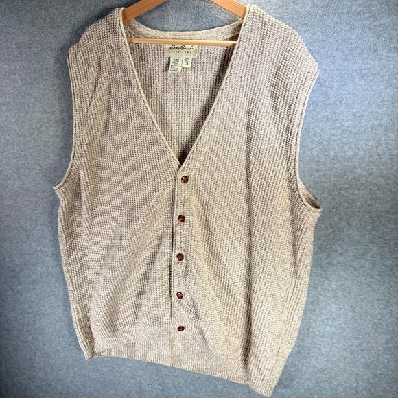 Vintage Eddie Bauer Sweater Vest Men's Large Tall Tan Waffle Knit V-Neck Casual - Picture 4 of 9